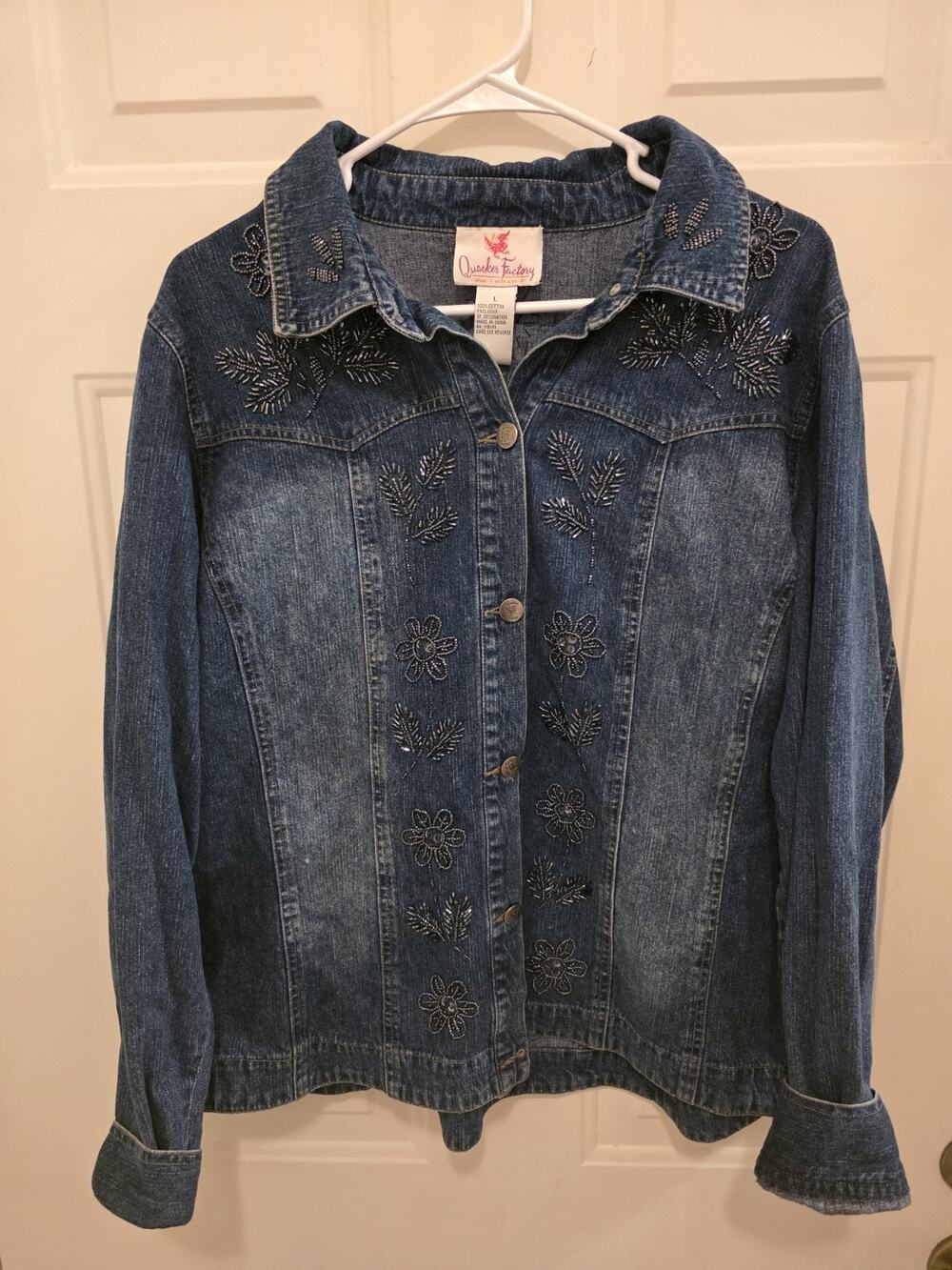 VTG Quacker Factory Beaded Floral Denim Jacket L Y2K Grandmacore